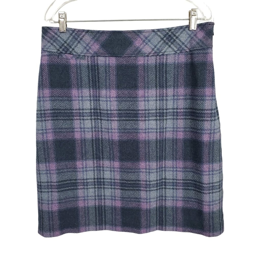 LL Bean Size 12 Skirt Wool Plaid Lined Pocket Knee Career Side Zip Purple Gray